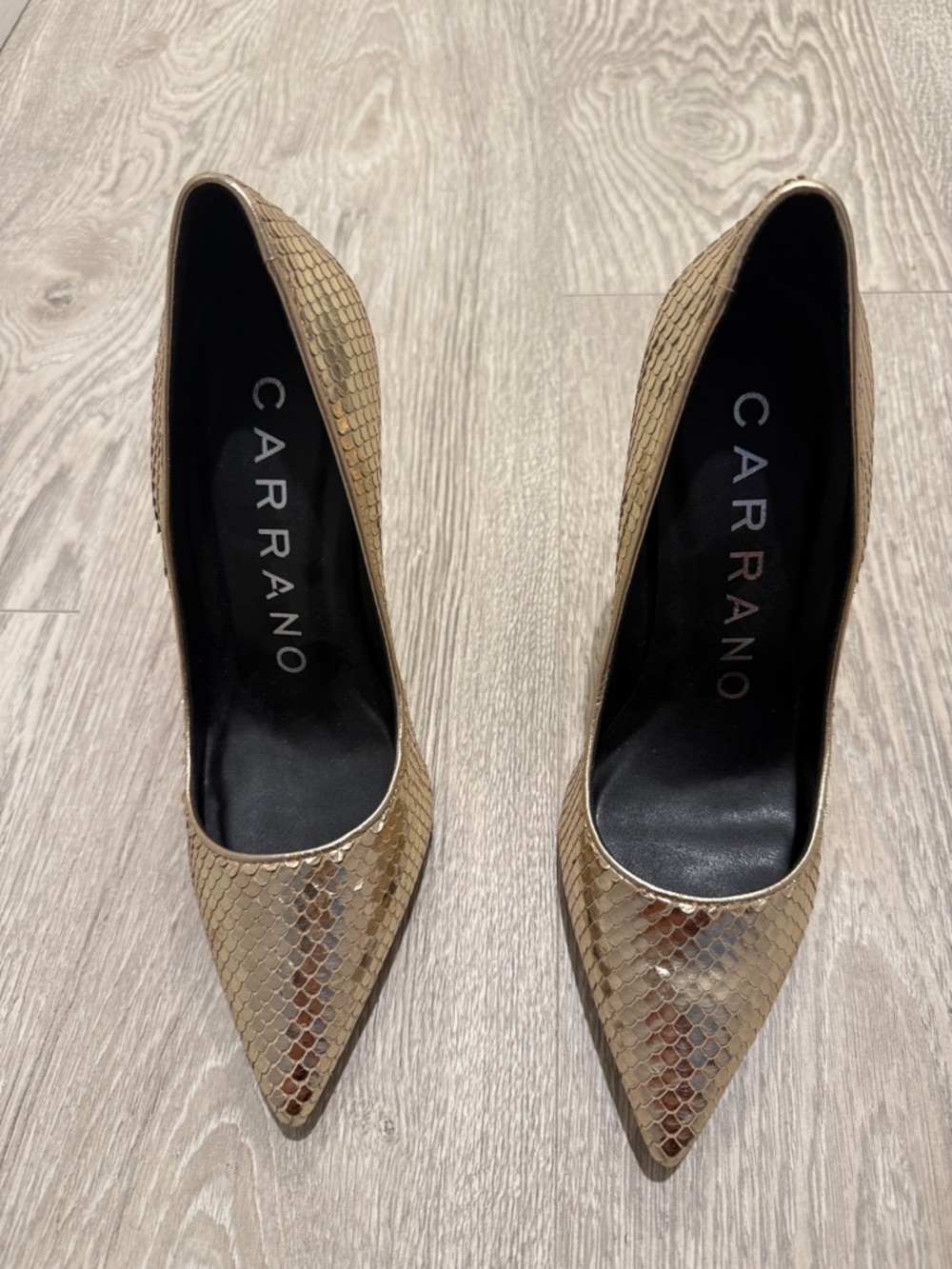 Carrano Metallic Snake-Embossed Pointed Toe Stilettos in Gold